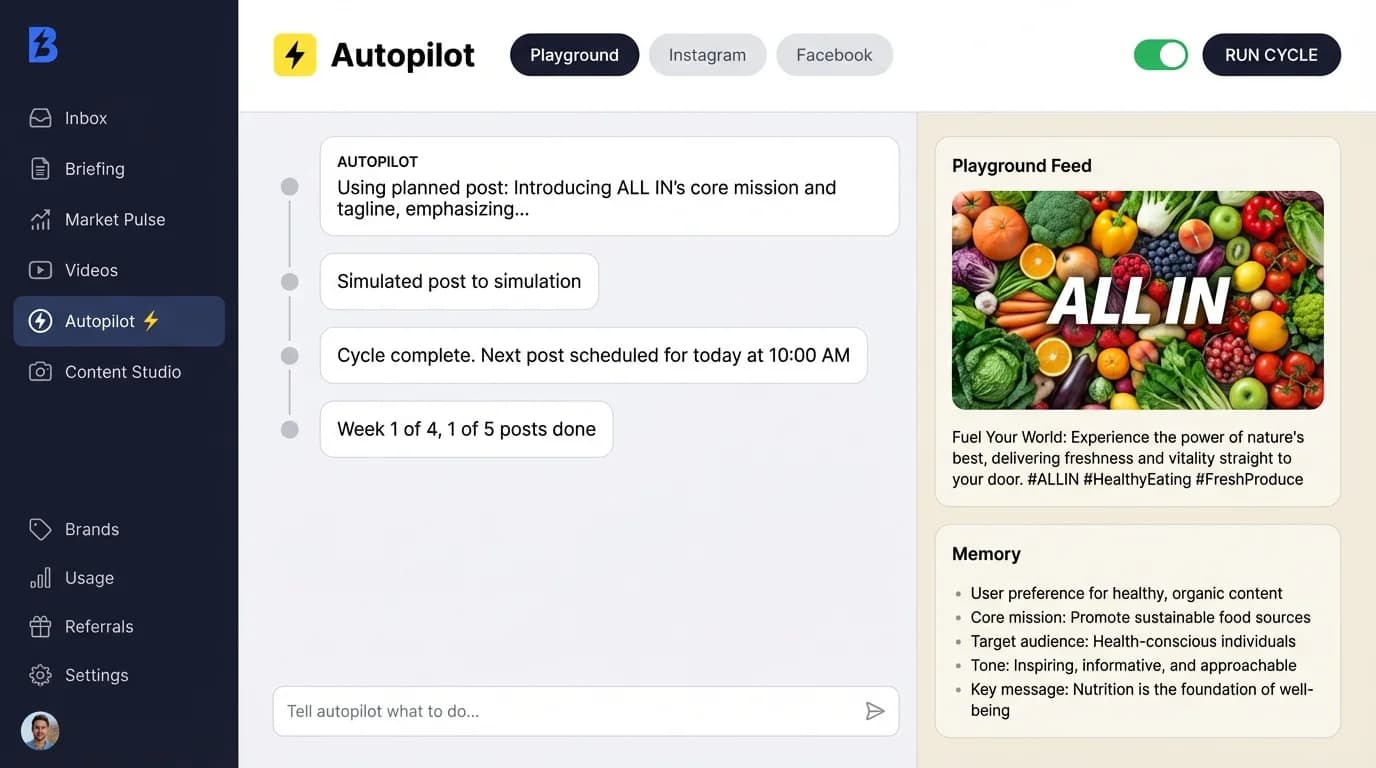 BOS Agent showing AI-generated content calendar