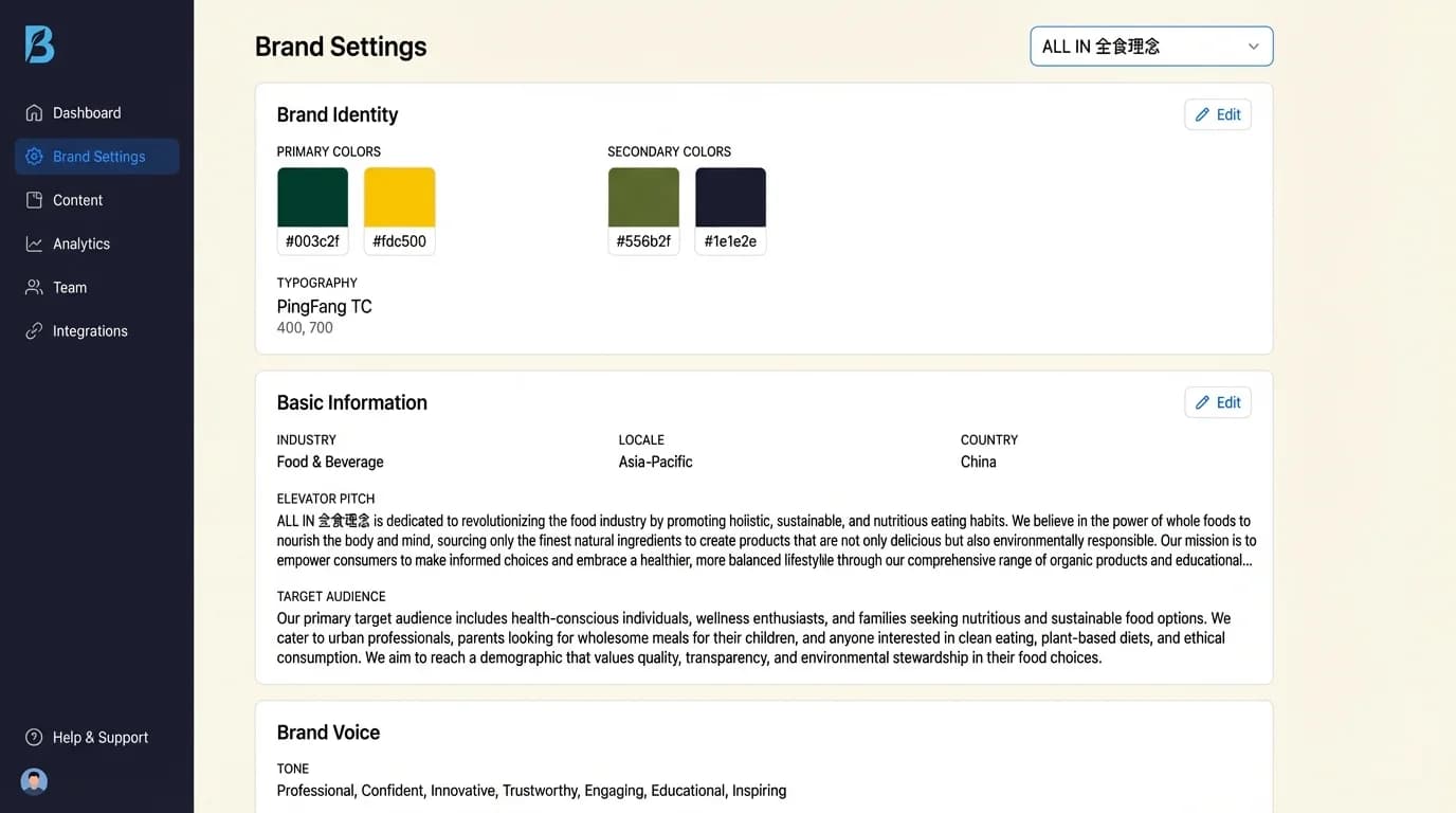 Brand profile with colors, voice, and information