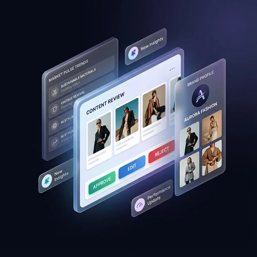BOS Content Review Dashboard showing StyleCo Fashion marketing content