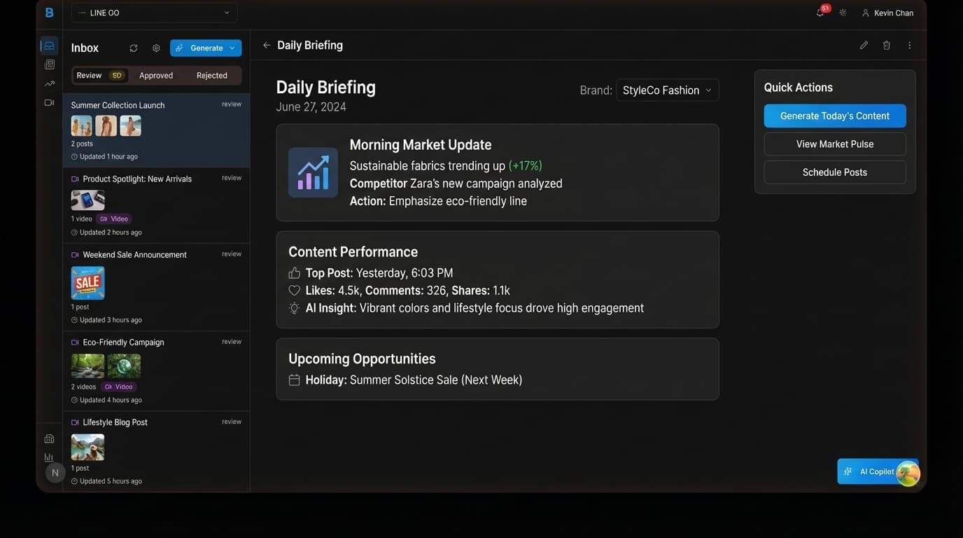 Daily briefing feed with fresh content ideas
